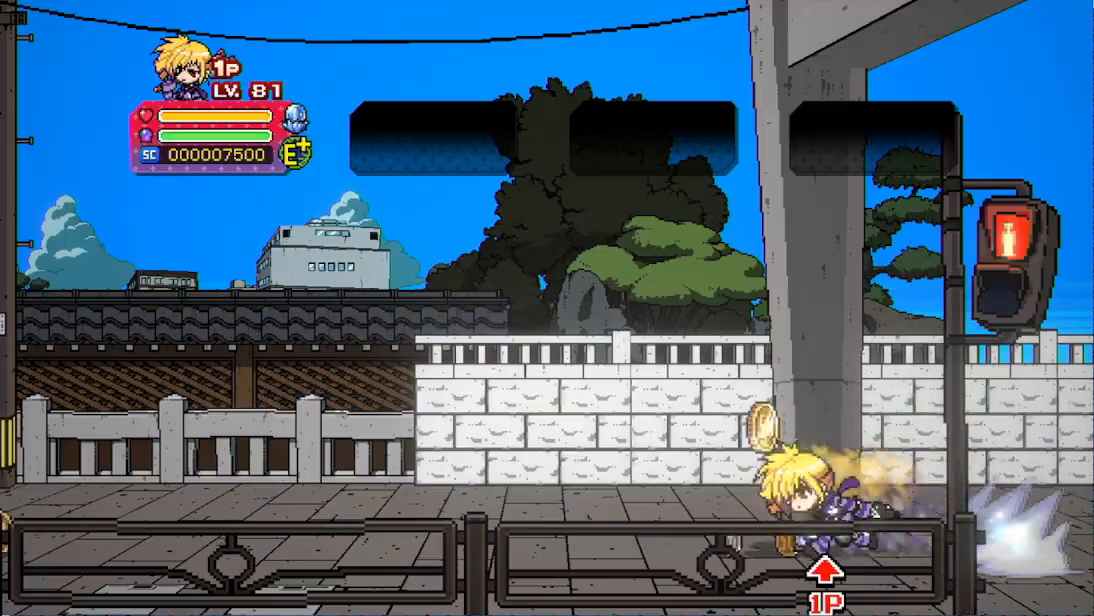 STAGE 5の開始後に1P HUDが表示されてキャラクターが動いている場面